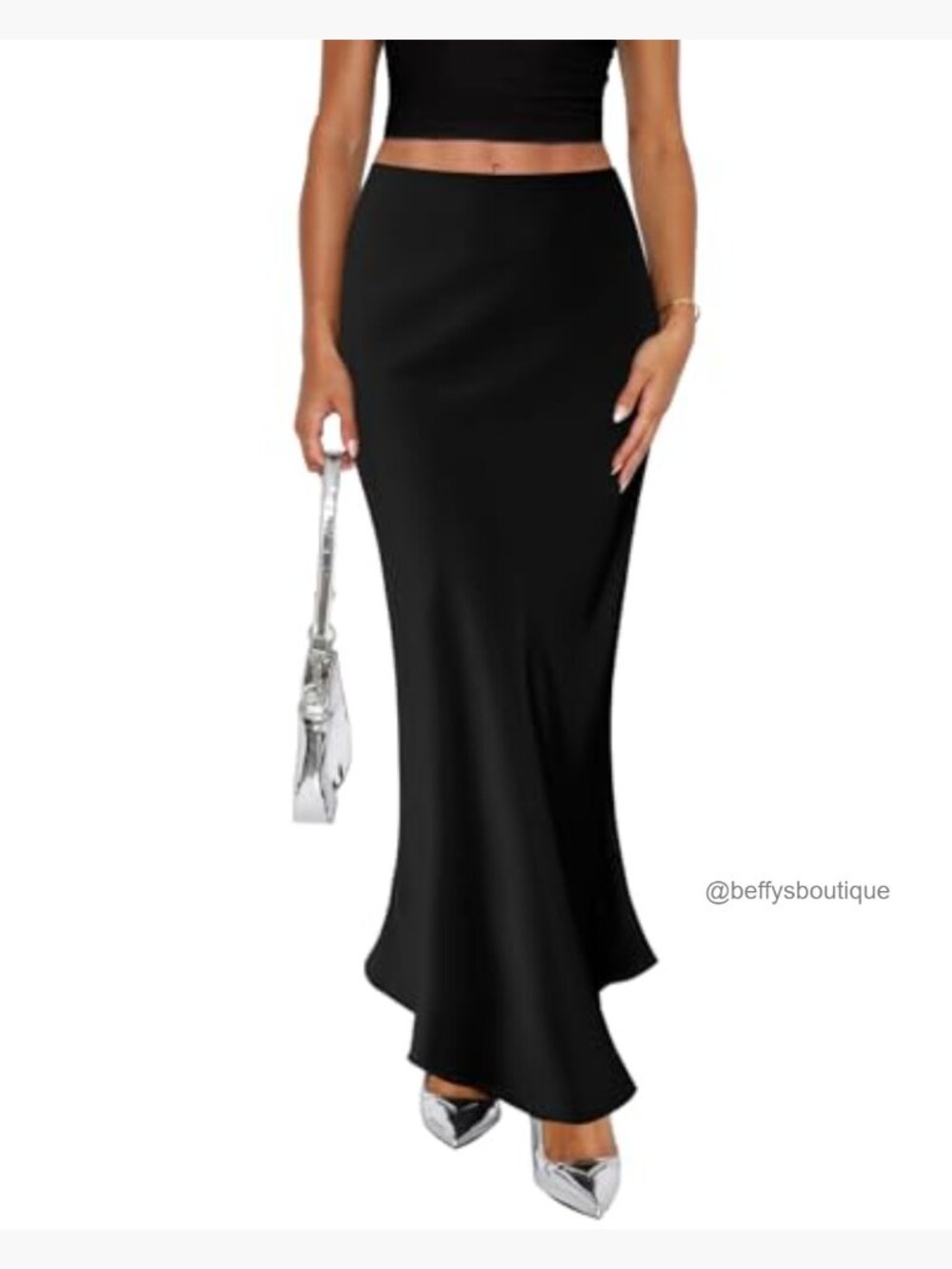 Satin Maxi Skirt Elastic High Waisted A-Line Flowy Long Skirt - Picture 6 of 7